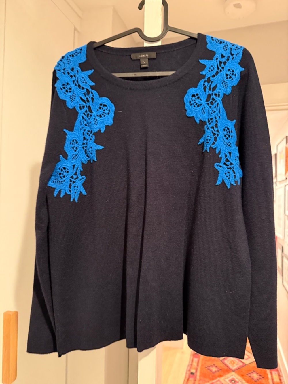 J. Crew Navy Sweater with Bright Blue Crochet Shoulder Appliqué